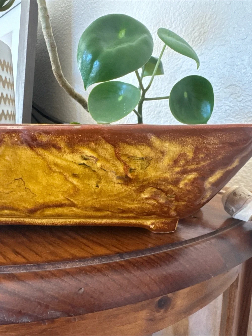 Vintage 103 USA Pottery Planter Mustard Yellow Footed MCM Raised Foliage 9.5”